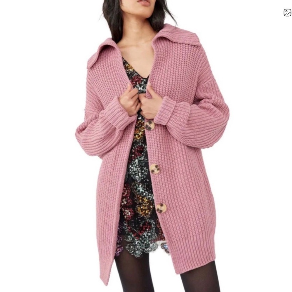 Free People Swim Too Deep Button Down Cardigan Sweater Pink small Oversized